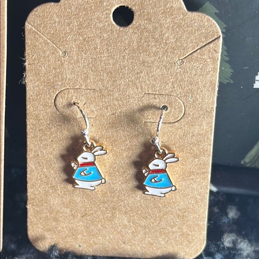 Hand Crafted Blue and White Bunny Earrings